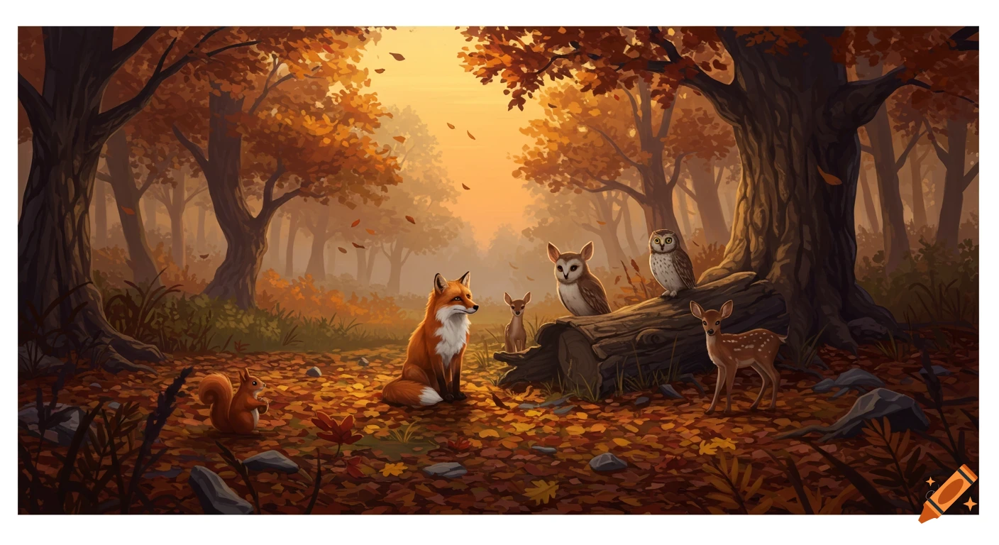 Stylized illustration of woodland animals (fox, deer, owls, squirrel) in a vibrant autumn forest with falling leaves and warm light.