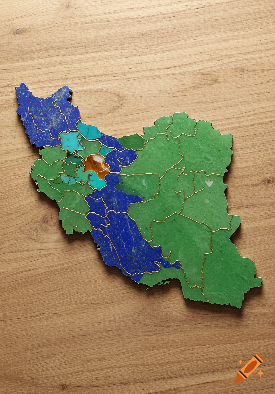 Photorealistic map of Iran crafted from various polished gemstones like lapis lazuli, jade, and turquoise, outlined with gold on wood.