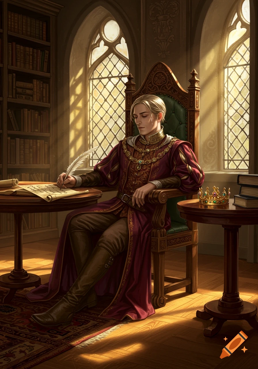 A man with blonde hair and regal red and gold robes sits at a wooden table, writing with a quill in a grand library with arched windows. A crown rests on a nearby table.