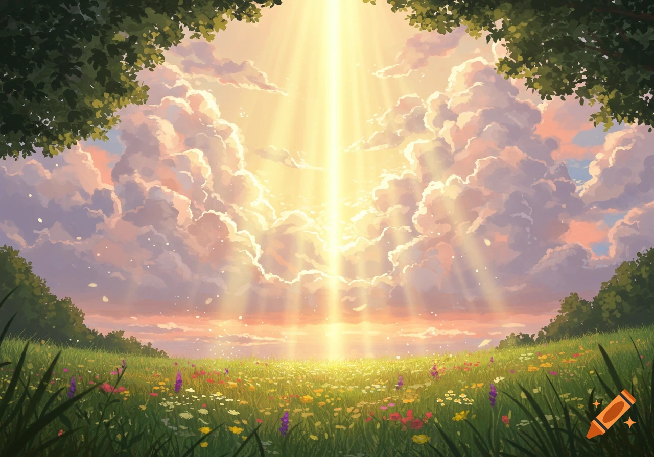 A vibrant illustration of a sun-drenched meadow filled with wildflowers under a cloudy sky with powerful light rays breaking through.