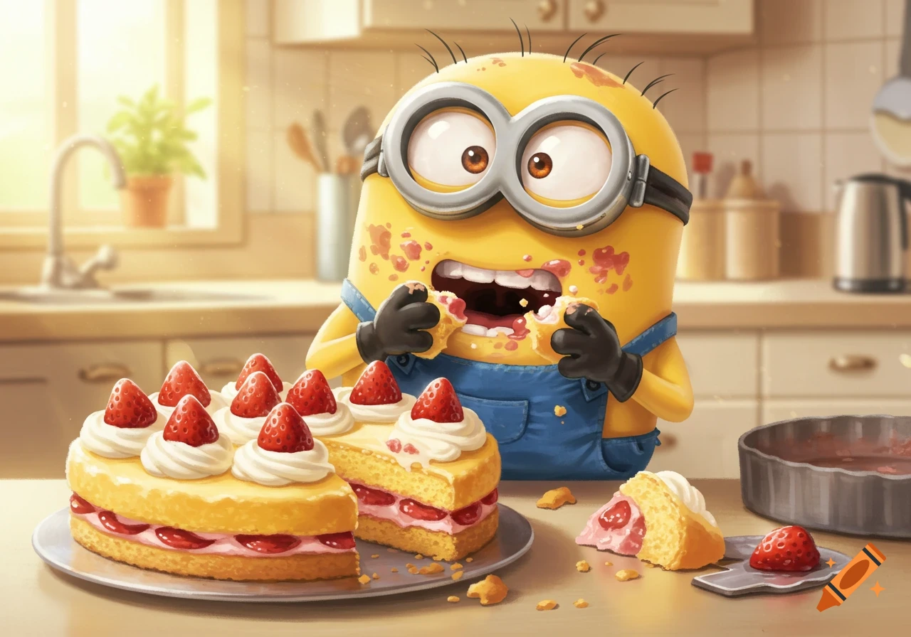 A cartoon Minion messily eats a slice of strawberry shortcake with cream and fruit in a bright kitchen.