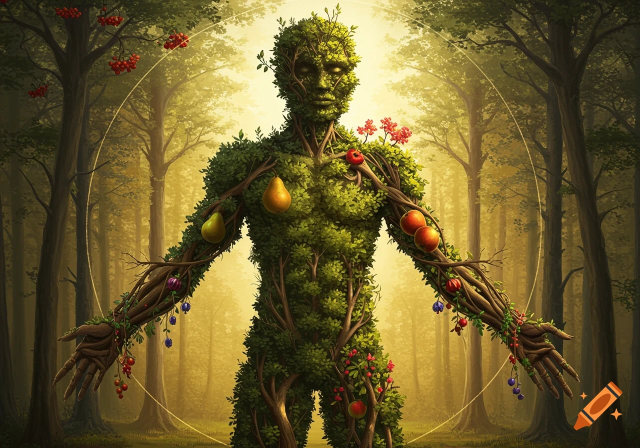 A human-shaped figure made of trees, leaves, and fruits stands in a sunlit forest, inspired by the Vitruvian Man.
