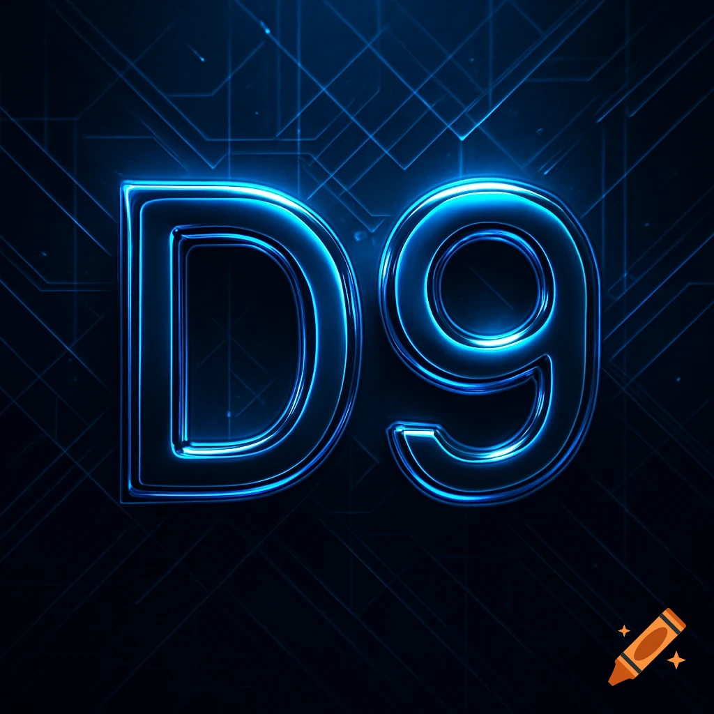 Glowing blue D9 text in a futuristic digital art style with circuit board lines.