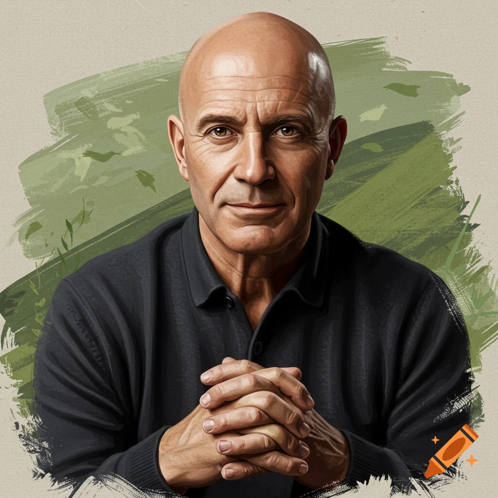 Stylized portrait of a bald, middle-aged man with clasped hands, wearing a black shirt, against a green and brown abstract background.