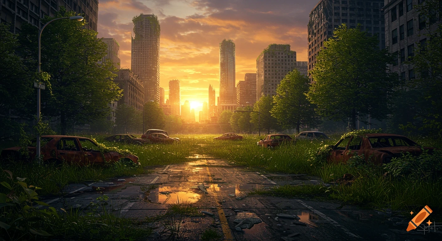 A post-apocalyptic city street at sunset, with abandoned, rusted cars overgrown with green vegetation and tall, ruined buildings against an orange sky.