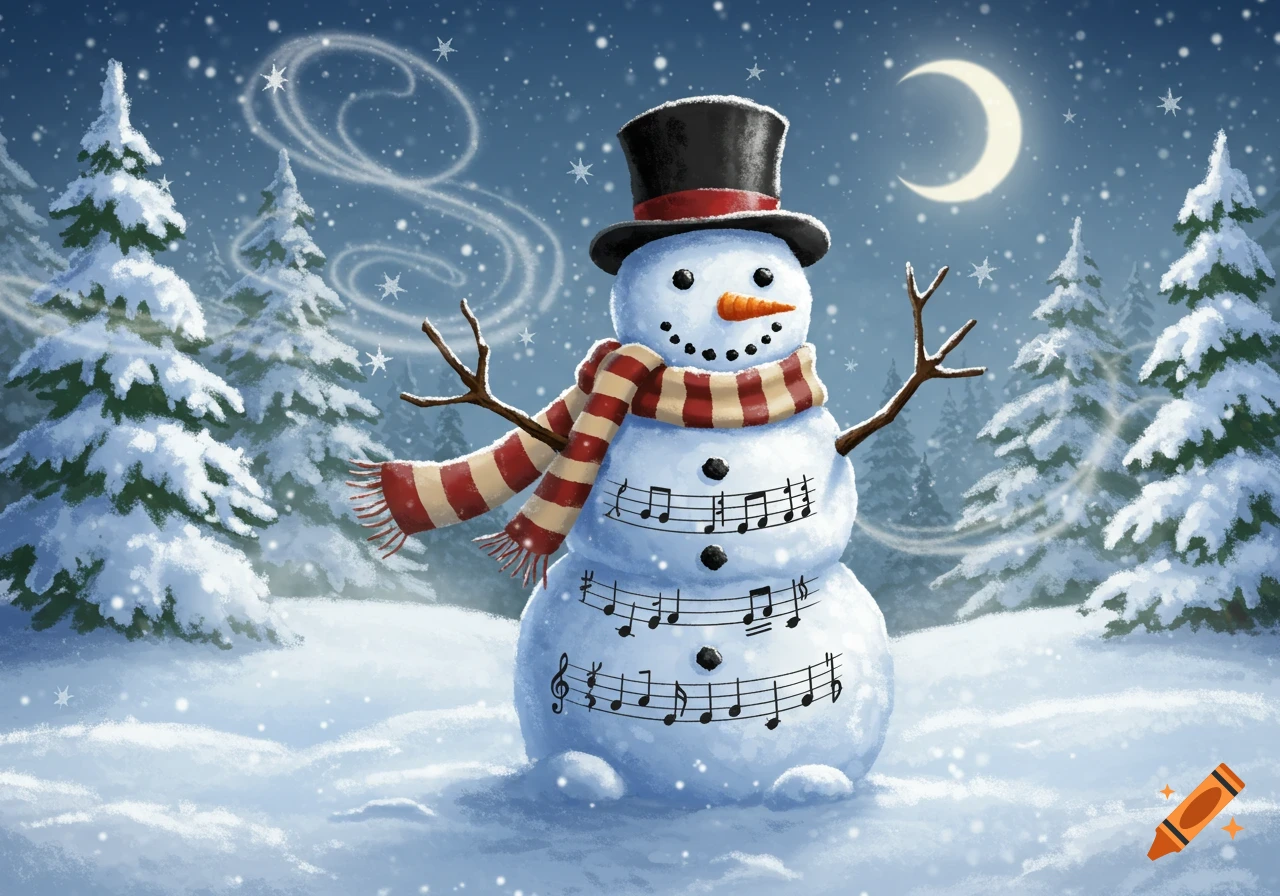 A festive snowman with a top hat, striped scarf, and musical notation stands in a snowy winter forest under a crescent moon.