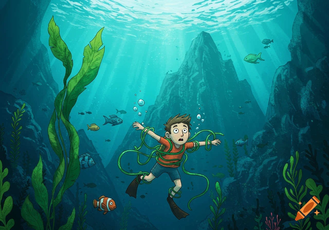Cartoon illustration of a surprised boy entangled in green kelp, sinking underwater amidst fish and deep blue mountains.