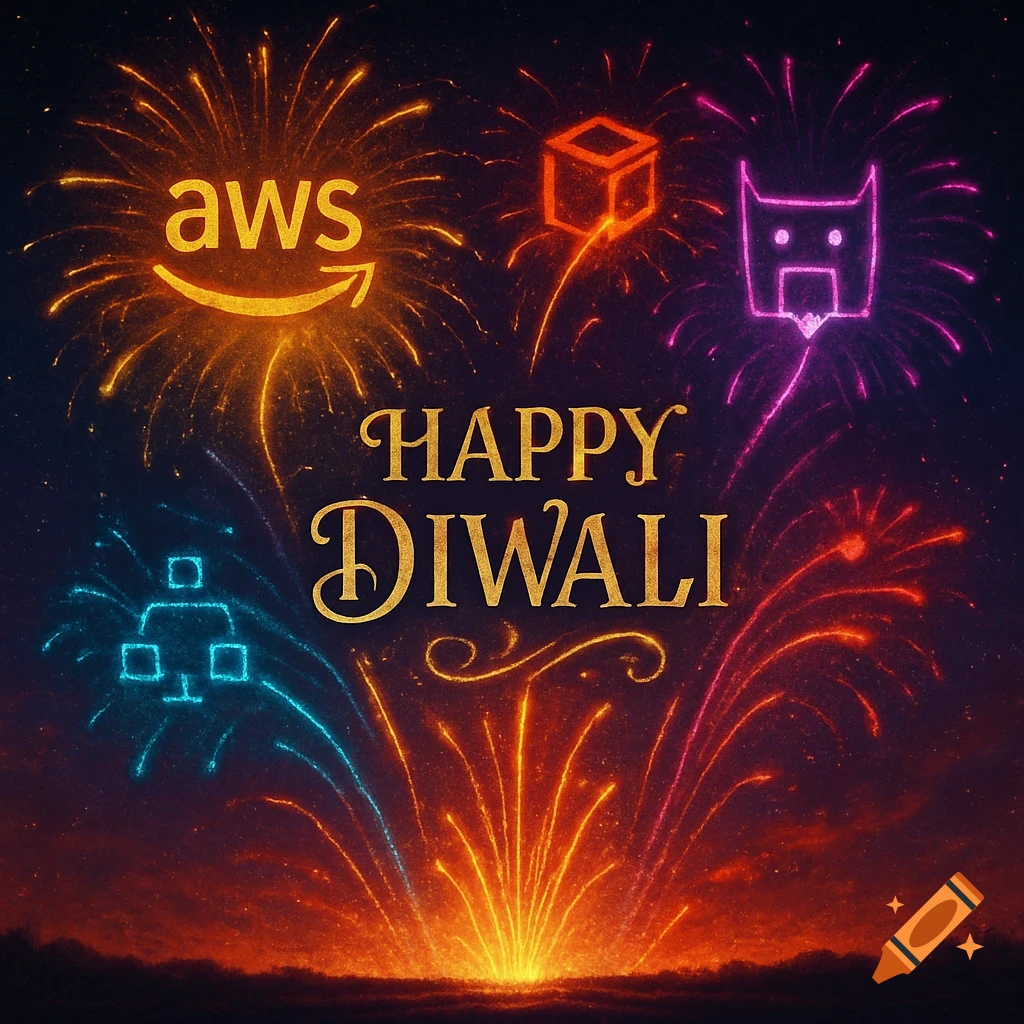 Colorful fireworks explode in the night sky, featuring the AWS logo and other tech symbols, with 'HAPPY DIWALI' in the center.