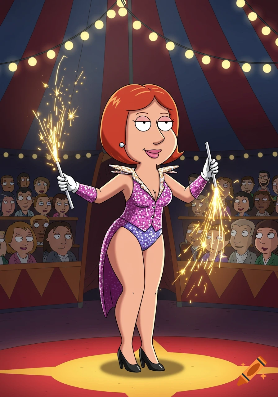 Lois Griffin as a magician's assistant in a sparkly pink and purple outfit, holding sparklers in a circus tent.
