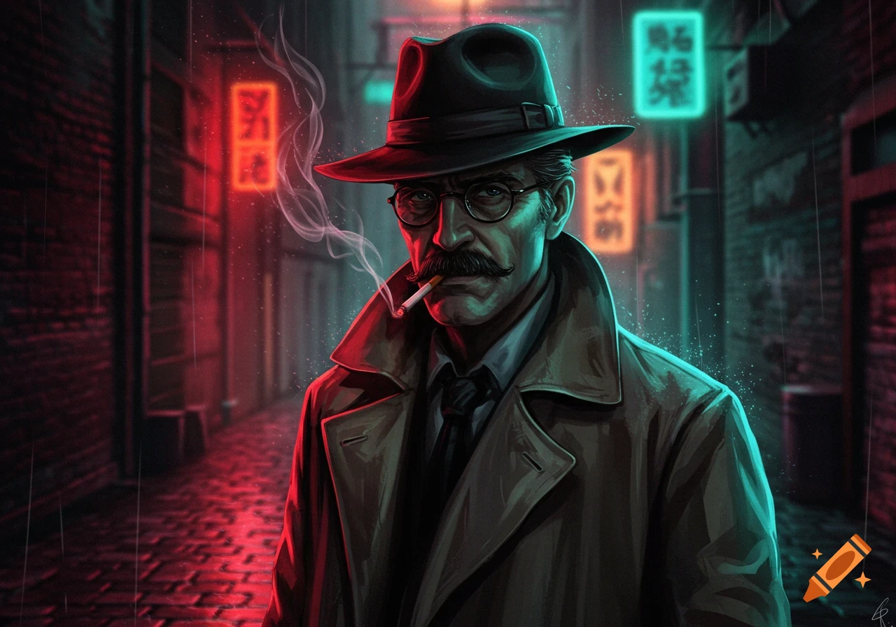 A mustached man in a fedora and trench coat smokes a cigarette in a rainy, neon-lit cyberpunk alley.