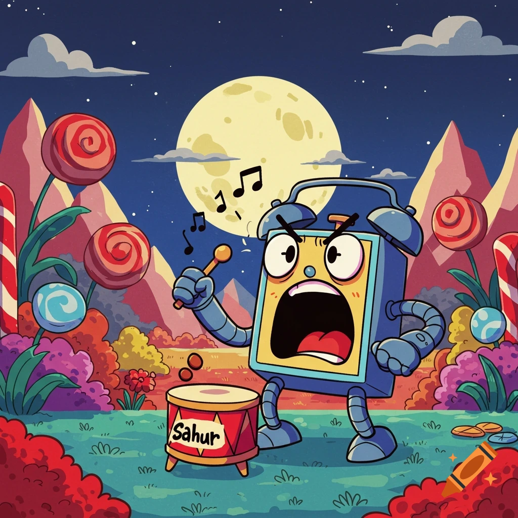 A cartoon alarm clock drums 'Sahur' in a fantastical candy landscape under a full moon.
