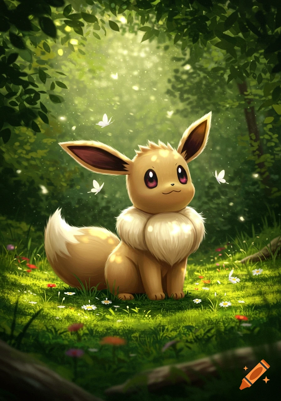 A cute Eevee from Pokemon sits in a vibrant, sunlit forest clearing with white butterflies fluttering, in an illustration style.