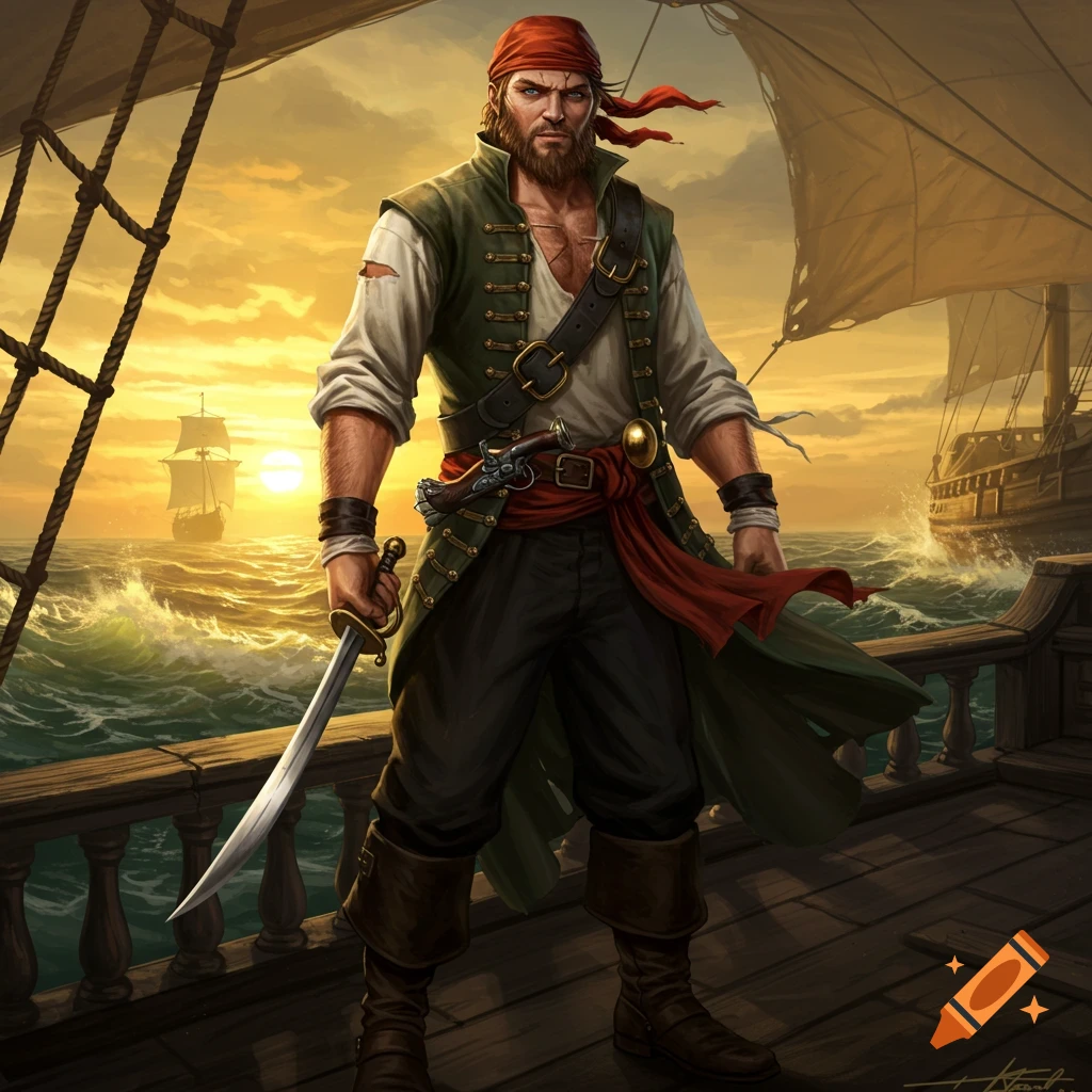 A bearded pirate in a red bandana and green waistcoat stands on a wooden ship deck, holding a sword, with other ships and a sunset on the stormy sea.