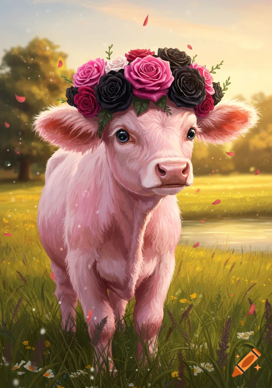 A fluffy pink calf wearing a crown of pink and black roses stands in a sunny meadow with red petals falling around it.