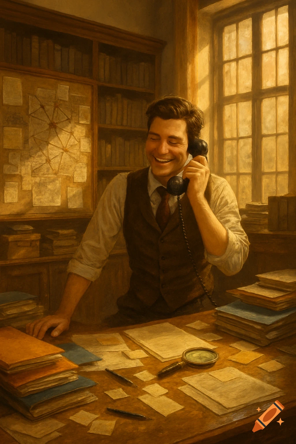 A satisfied young man, a detective, laughs while talking on an old-fashioned phone in his cluttered, golden-lit office, painterly style.