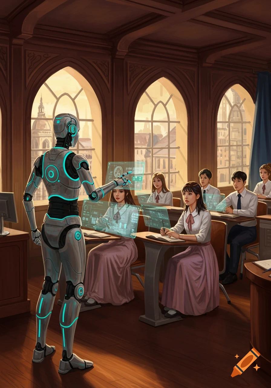 A humanoid robot teacher interacts with holographic screens in a classroom filled with students, digital art.