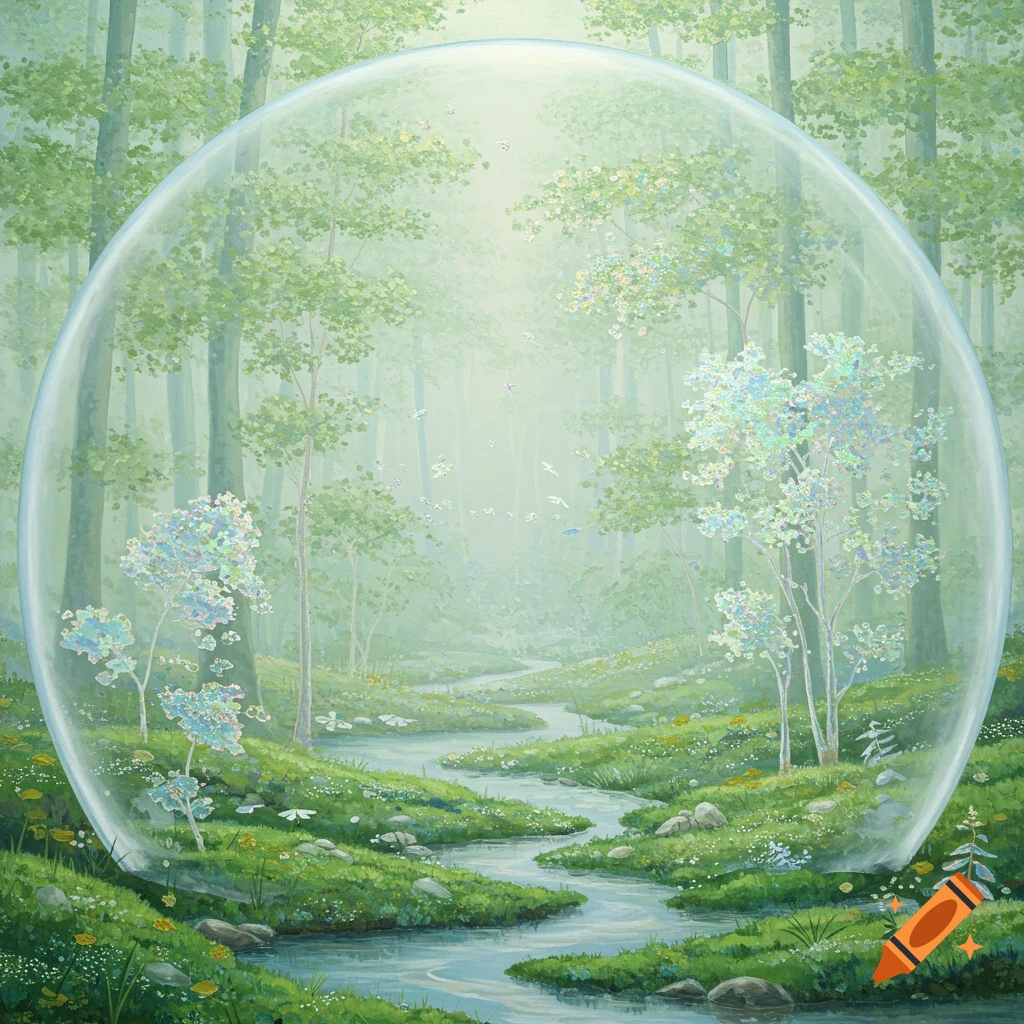 A surreal Nihonga-style painting of a vibrant green forest and winding stream enclosed in a glass dome, with sparkling holographic trees and butterflies.