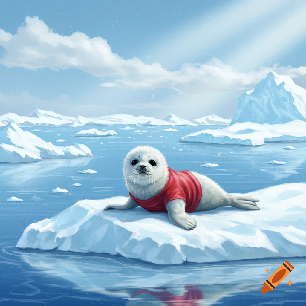 A cute baby seal in a red t-shirt lies on a floating iceberg in a bright blue arctic ocean with distant mountains under a cloudy sky, digital painting.