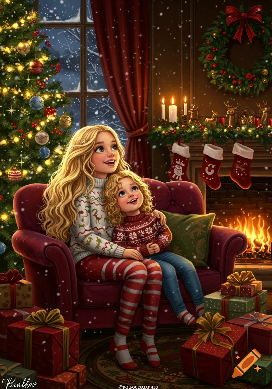 Blond woman and child in Christmas sweaters sit on a couch in a festive living room with a decorated tree, fireplace, and presents. Digital illustration.