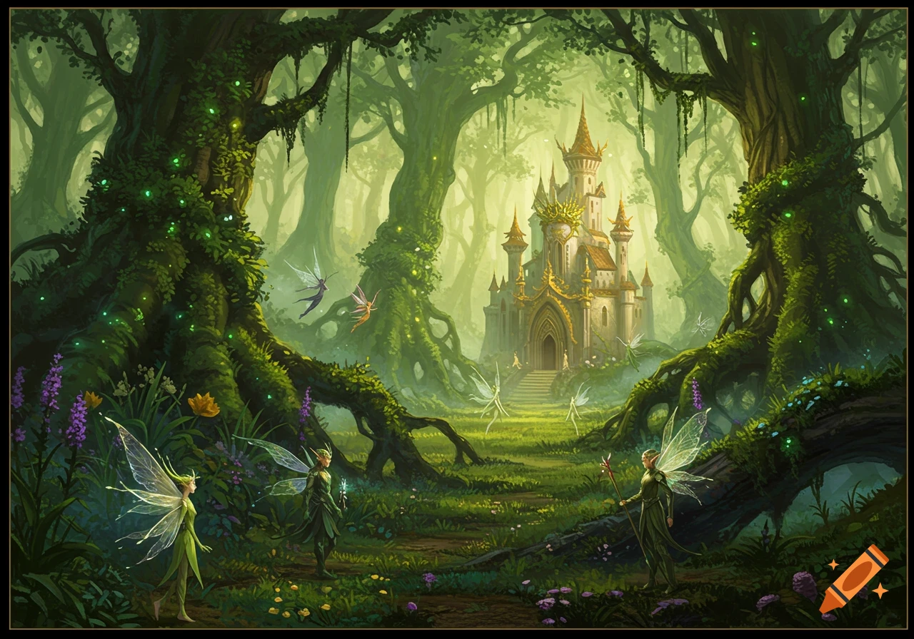 A magical forest scene with a grand, ornate castle in the background, surrounded by towering, moss-covered trees with glowing lights and various fairies flying and standing on a grassy path.