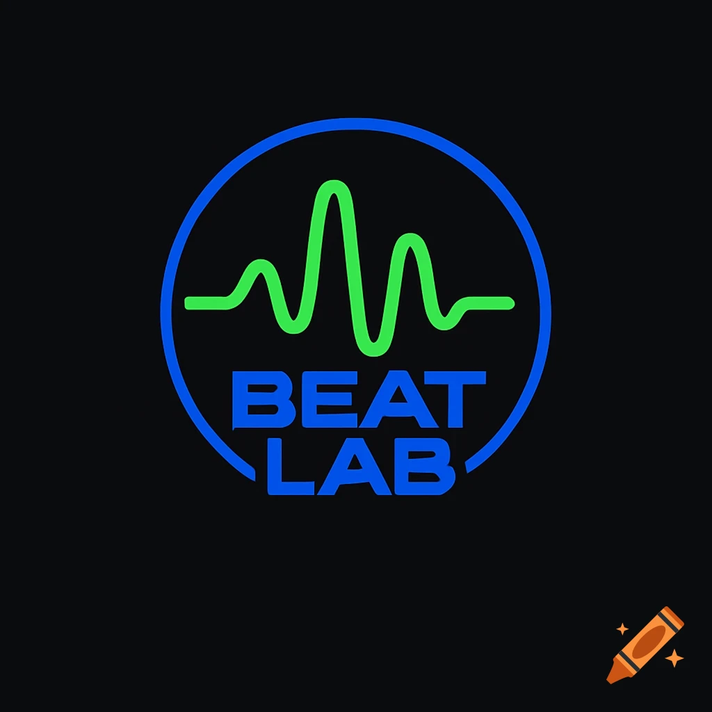 A blue and green neon logo for 'Beat Lab' with a sound wave icon inside a circle on a black background.