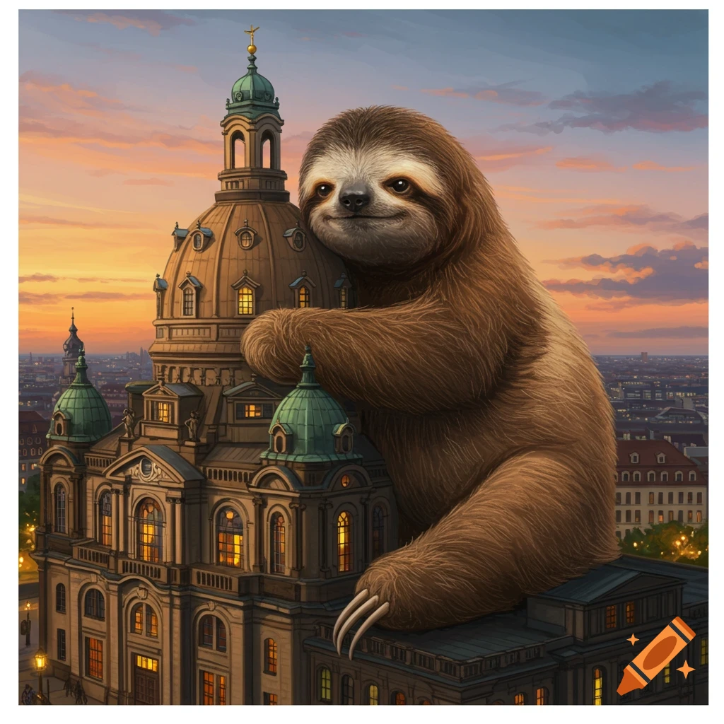 A giant fluffy sloth hugs the dome of the ornate Yenidze building in Dresden against a sunset sky, digital art.
