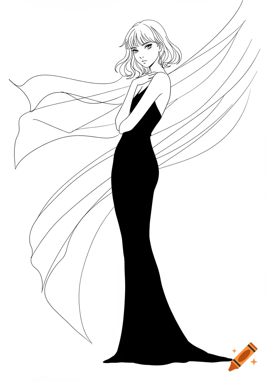 Anime-style line drawing of a girl in a long black slim dress, with flowing fabric lines behind her.