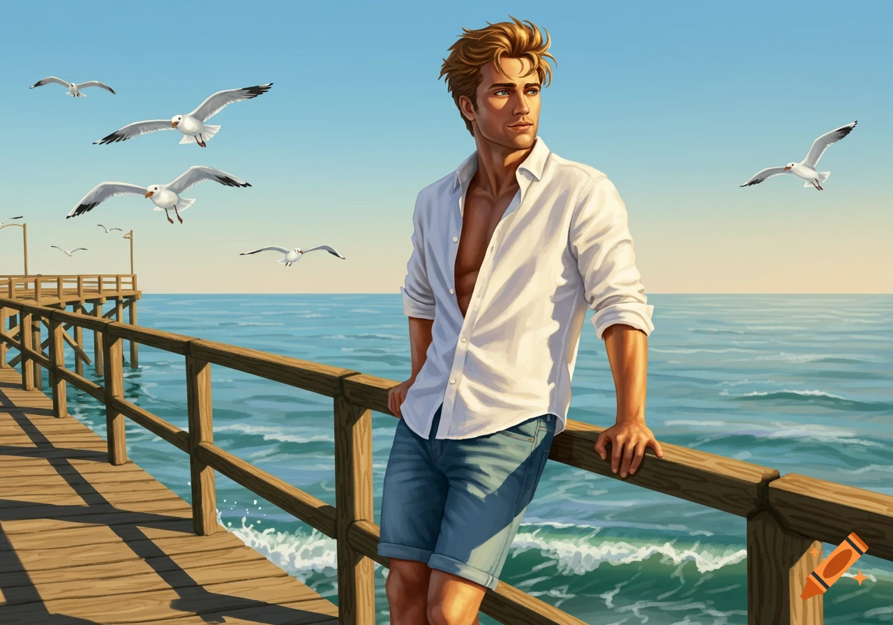 An illustrated man with an open white shirt and shorts leans on a wooden pier overlooking the ocean with seagulls flying under a clear sky.