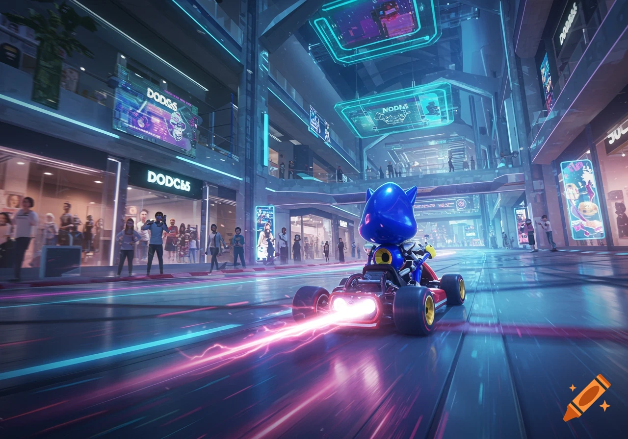 Metal Sonic drives a red racing kart with glowing pink trails through a futuristic, brightly lit mall.
