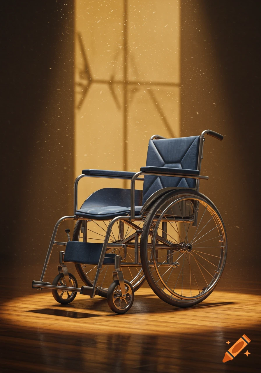 An empty blue wheelchair sits on a wooden floor, illuminated by a window's sunlight with visible dust motes.