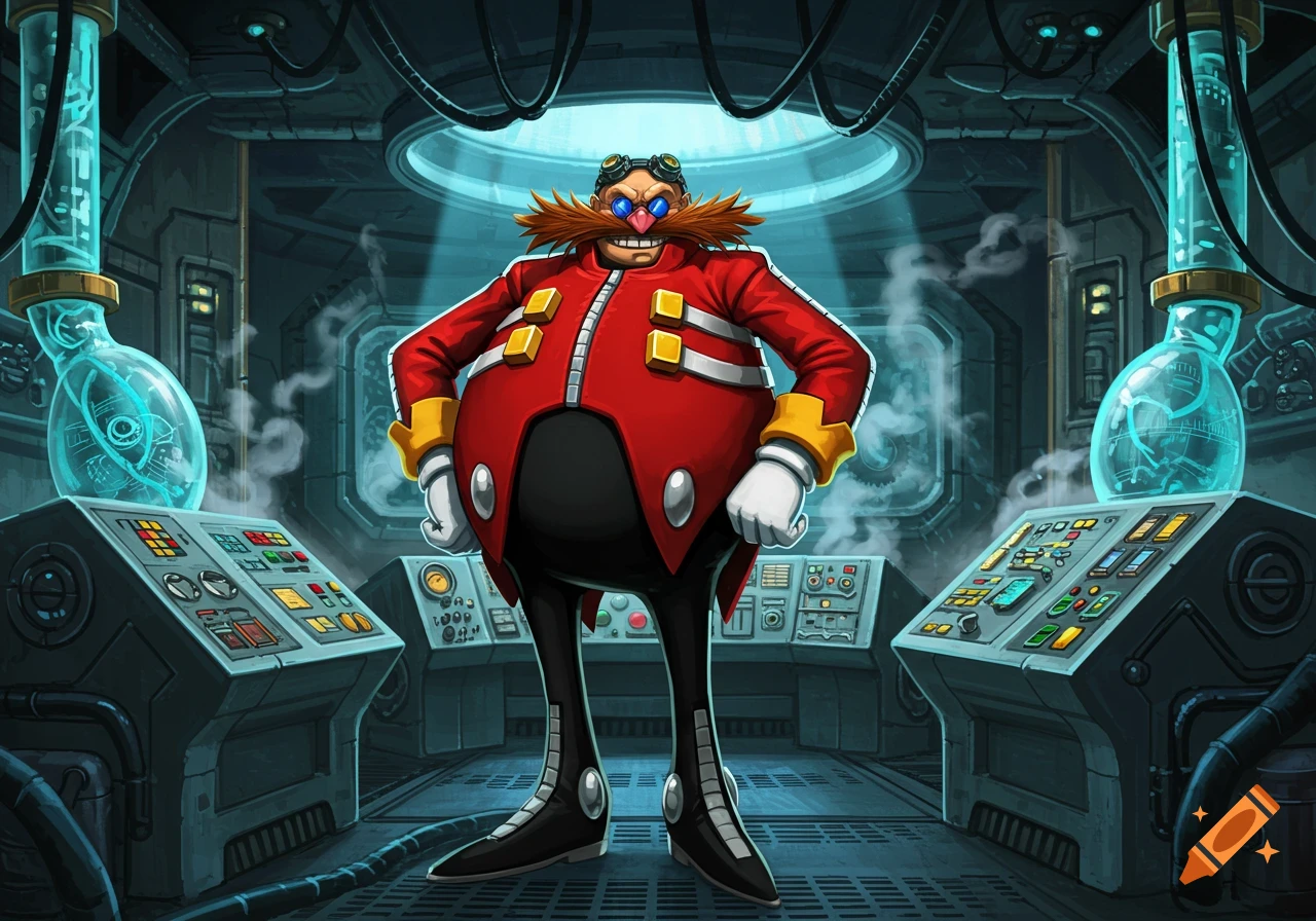 Dr. Eggman stands confidently in a futuristic, brightly lit mad scientist laboratory, surrounded by control panels and glowing equipment.