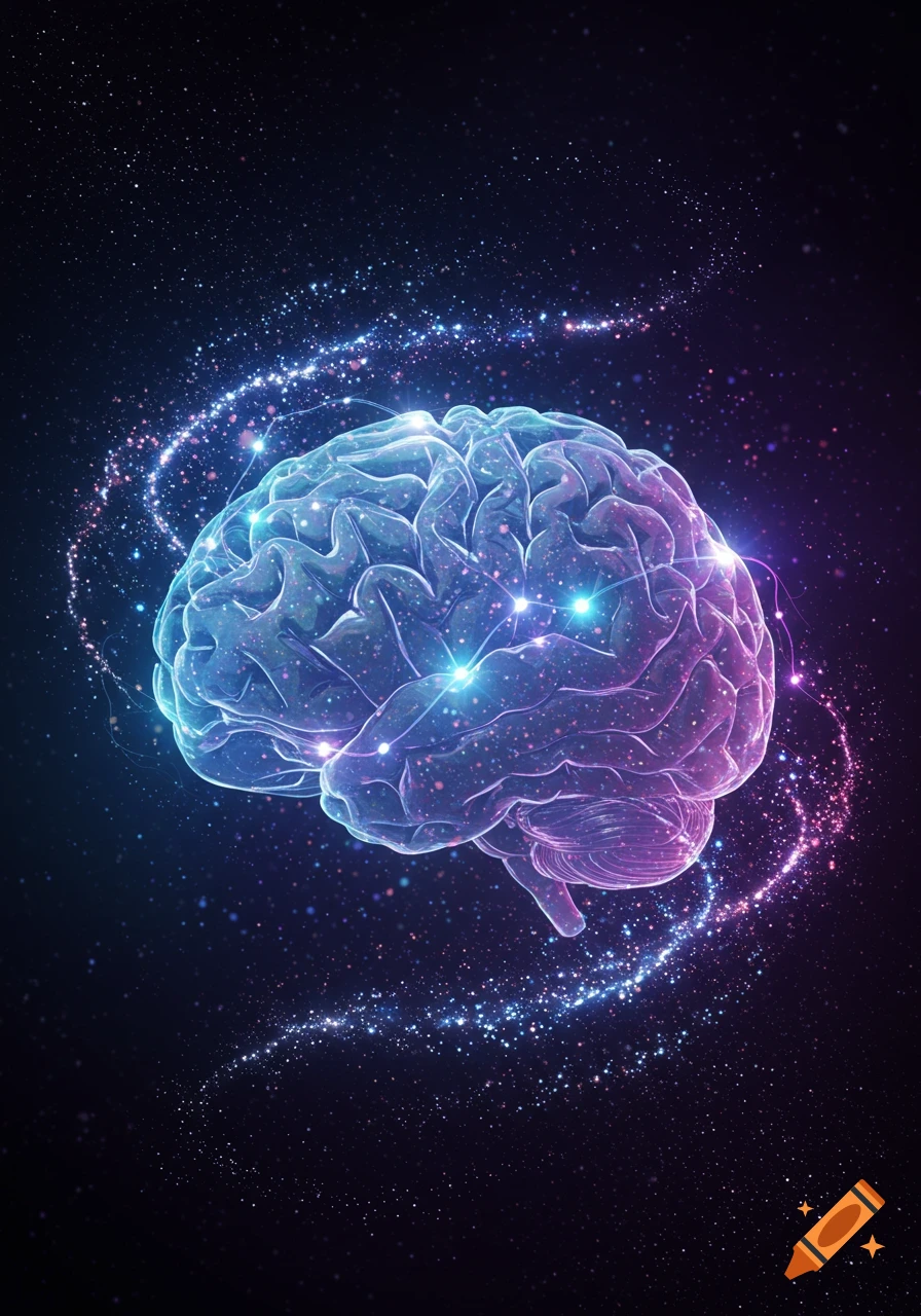 A glowing, translucent blue and purple brain surrounded by sparkling cosmic light trails against a dark starry background.