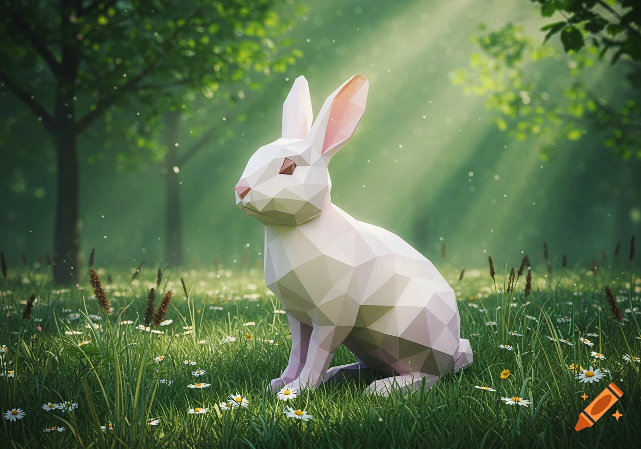 A low-poly white rabbit sits in a lush green meadow with white flowers, bathed in sunbeams through a forest.