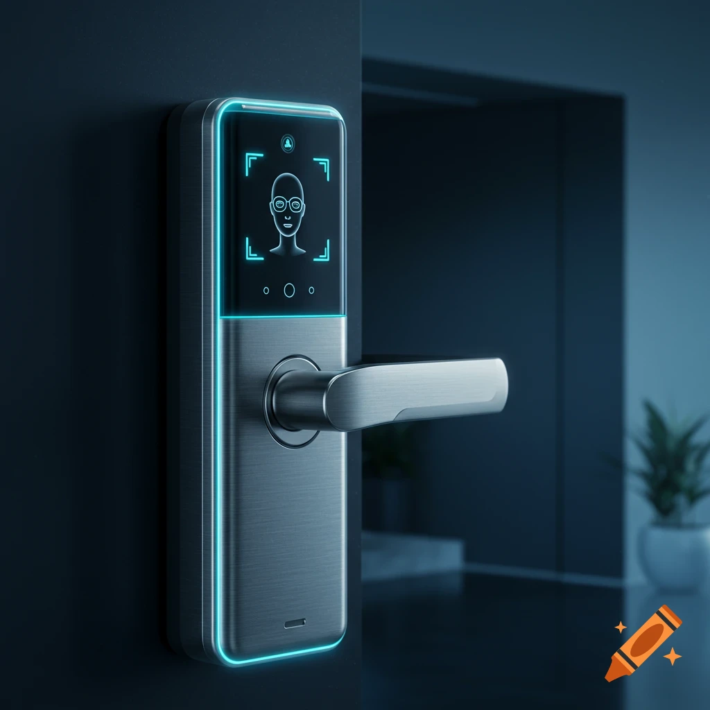 Modern silver smart door lock with a blue glowing facial recognition display on a dark wall.