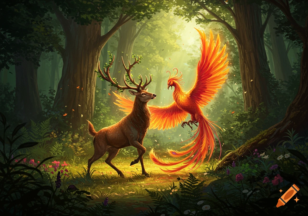 A fantastical deer with glowing antlers and a majestic fiery phoenix dance in a vibrant, sun-dappled forest.