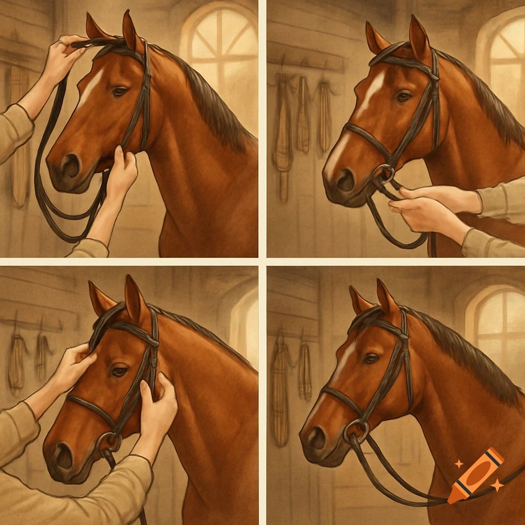 Four-panel illustration showing hands putting a bridle on a brown horse inside a stable.