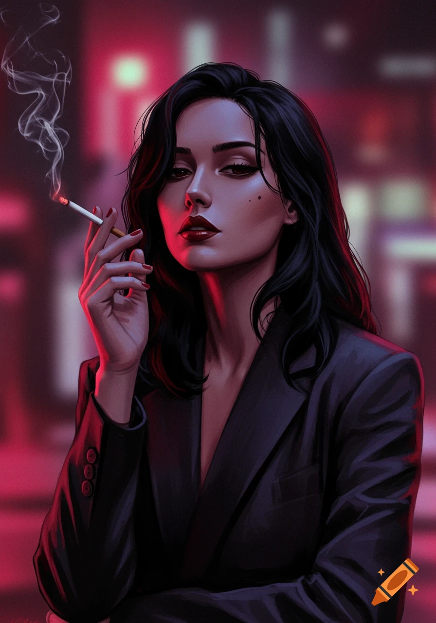 Stylized digital art portrait of a woman with dark hair and red lipstick, smoking a cigarette against a neon red background.