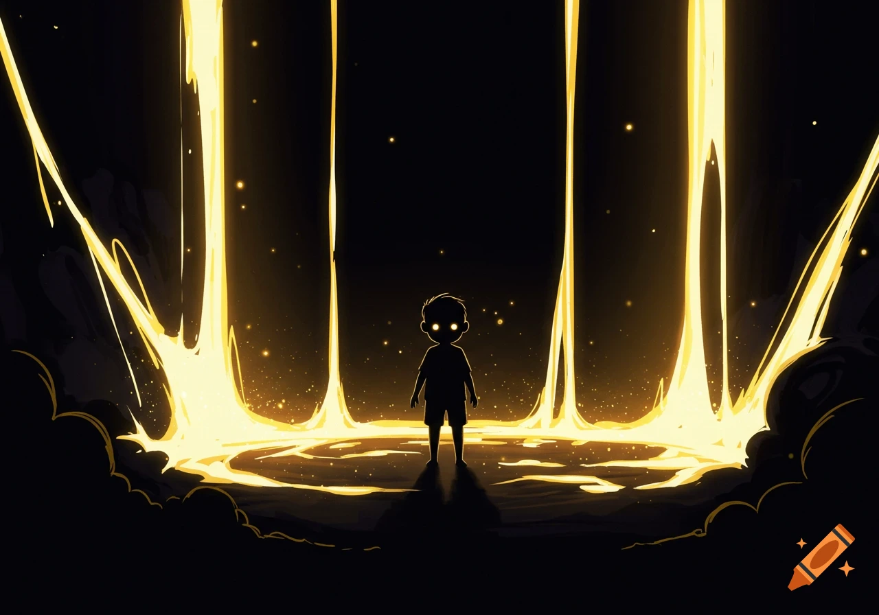 A stylized illustration of a child's silhouette with glowing eyes standing in a dark world illuminated by vibrant golden light.