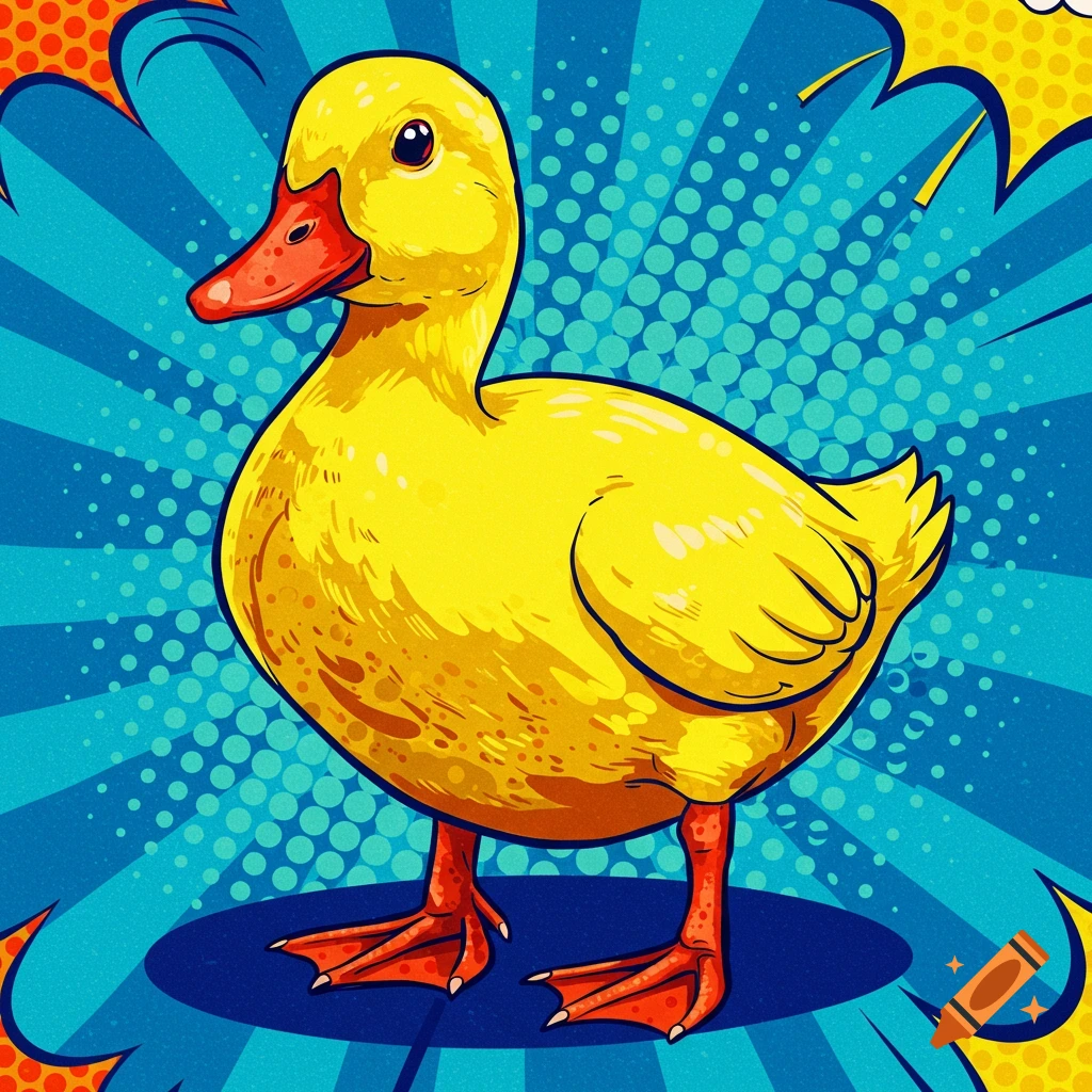 A yellow duck with an orange beak and webbed feet stands on a blue circle against a vibrant pop art background.