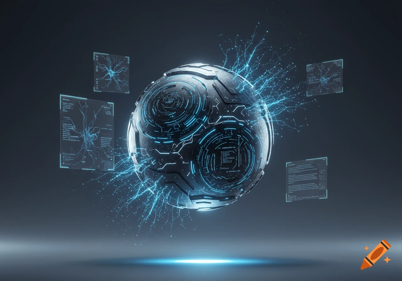 Futuristic dark metallic sphere with glowing blue circuits, energy tendrils, and floating holographic data screens.