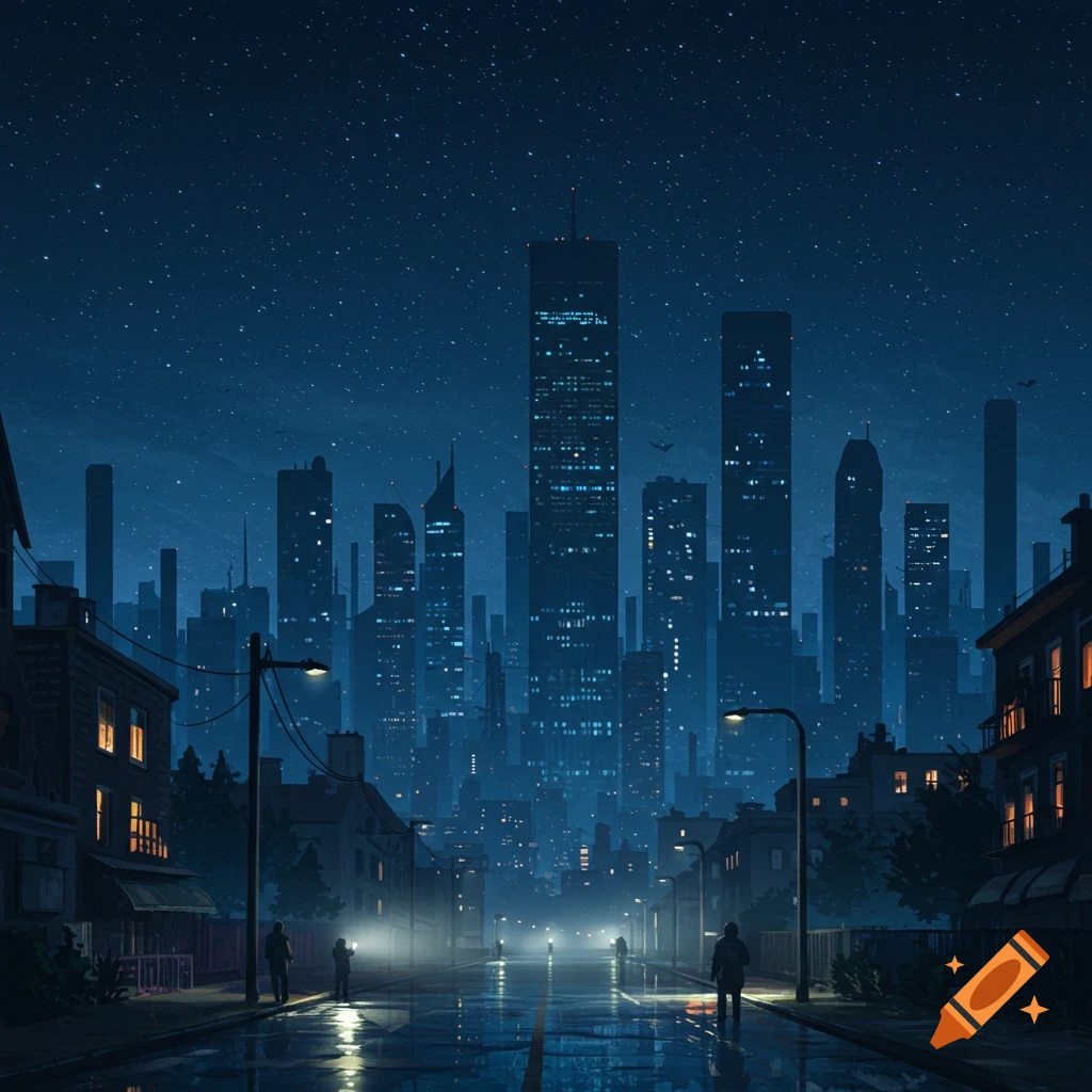 Stylized digital art of a dark city street at night, with towering skyscrapers and wet pavement reflecting lights under a starry sky.