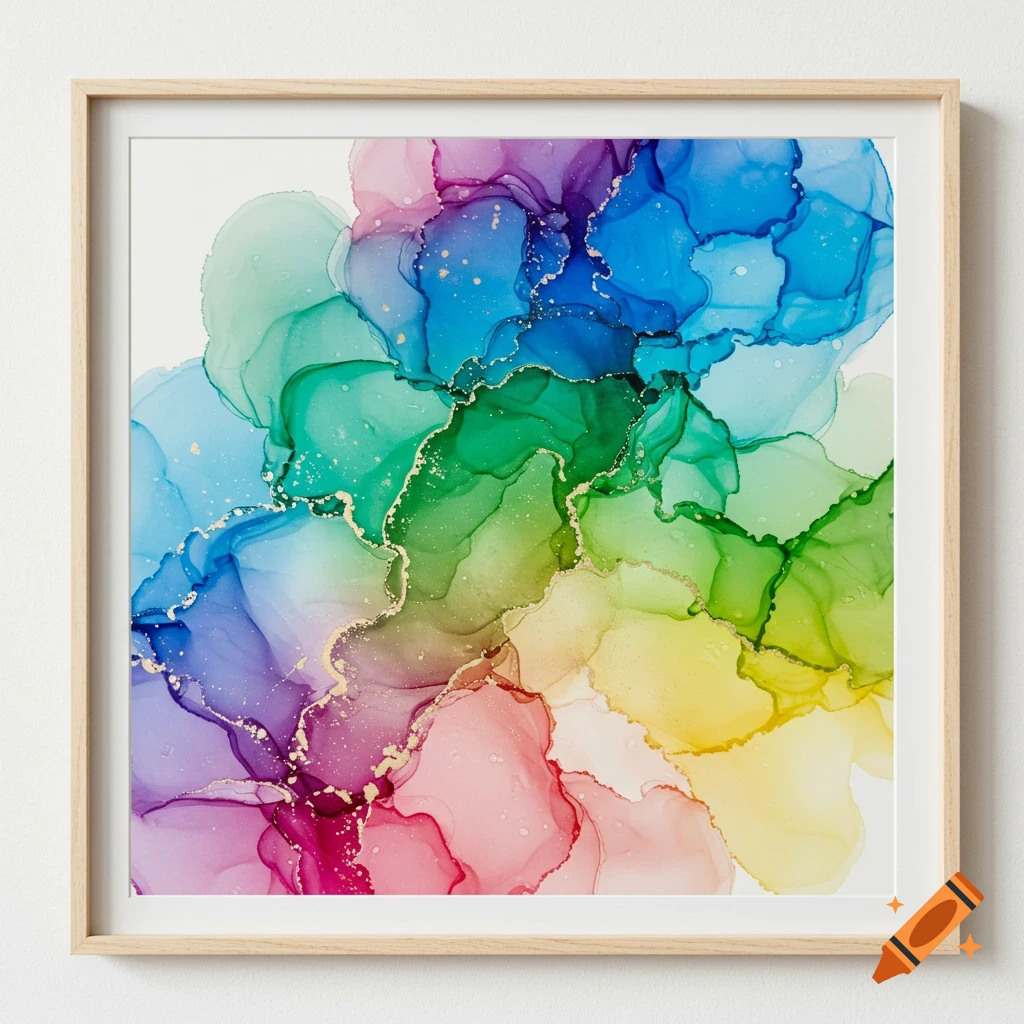 A framed abstract watercolor painting with flowing rainbow colors and gold accents.
