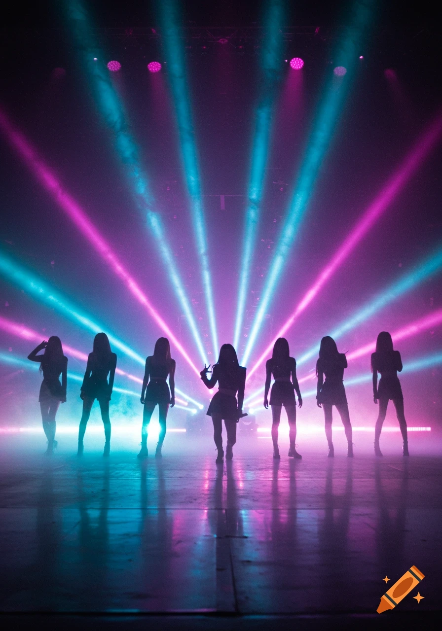 Silhouettes of seven women on a stage, bathed in vibrant pink and blue theatrical lights and haze, one making a peace sign.