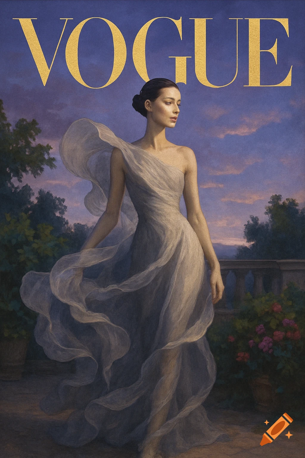 A woman in a flowing grey dress poses on a balcony against a purple twilight sky, with "VOGUE" in gold text above.