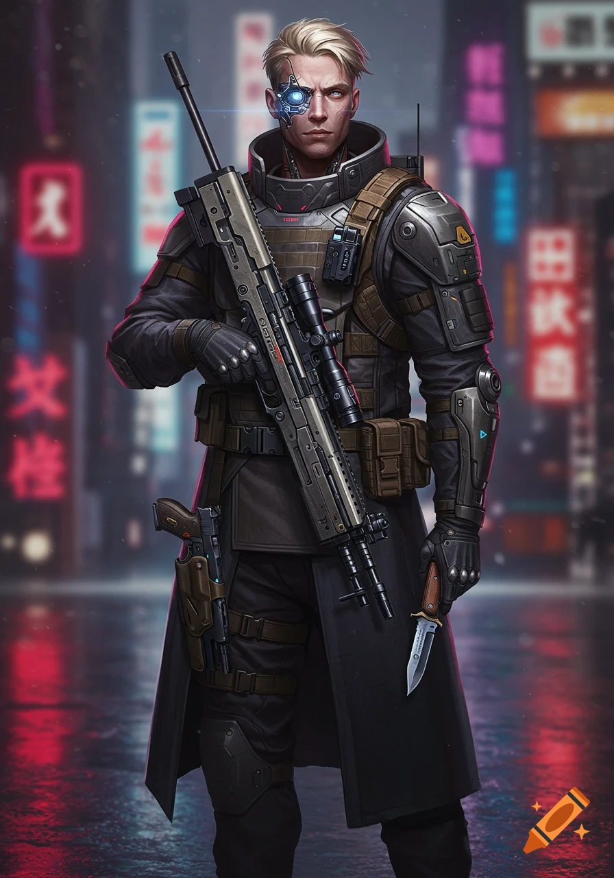 A blond man with a cybernetic eye, wearing a futuristic military uniform and holding a sniper rifle, stands in a neon-lit cyberpunk city.