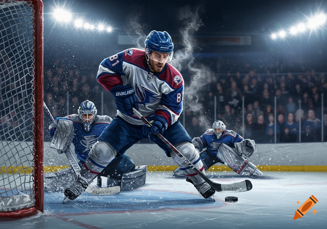 A dynamic digital illustration of a hockey player in a blue and red jersey skating on ice with a puck, two goalies in background.