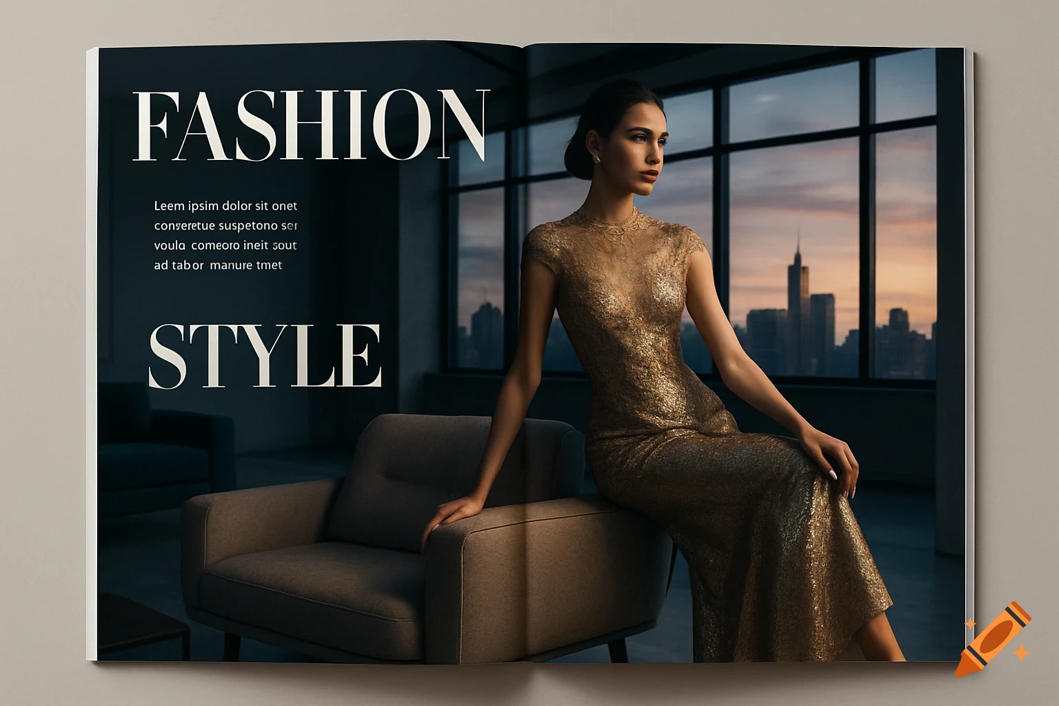 A photorealistic magazine spread featuring a woman in a gold dress sitting on a chair armrest, looking at a city skyline at sunset. Text on the left reads 'FASHION STYLE'.