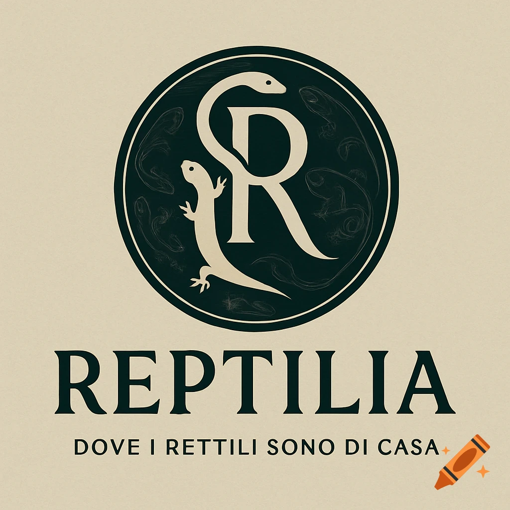 Logo featuring a stylized snake and lizard intertwined to form an 'R' within a dark green circular emblem, above the words 'REPTILIA' and 'DOVE I RETTILI SONO DI CASA' on a beige background.