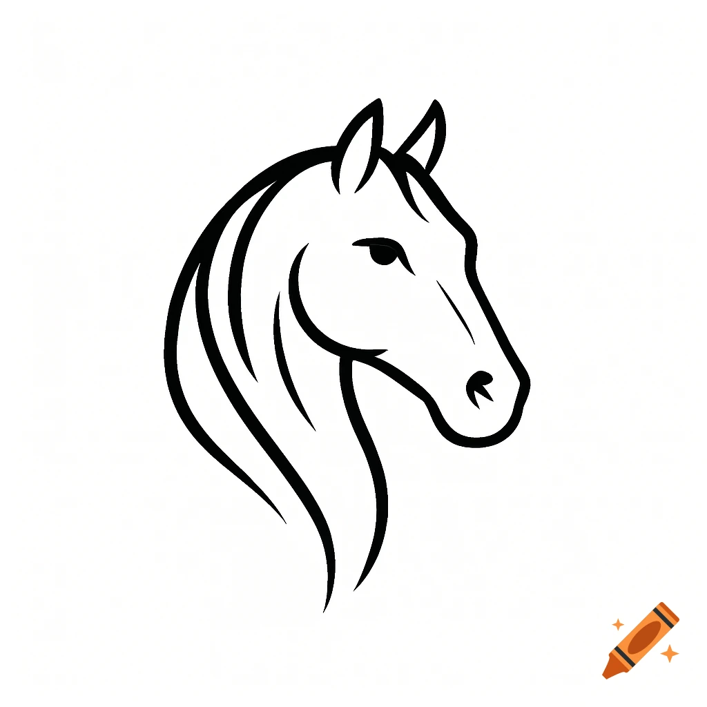 A black and white line drawing of a horse's head in a simple logo style.