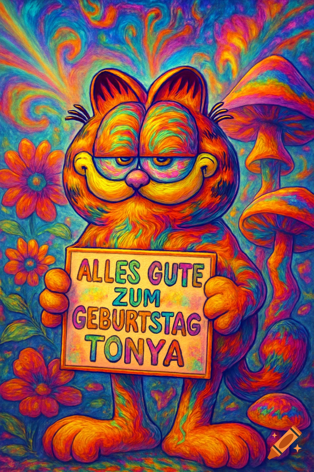 Psychedelic Garfield holding a 'Happy Birthday Tonya' sign, surrounded by colorful swirls, flowers, and mushrooms.